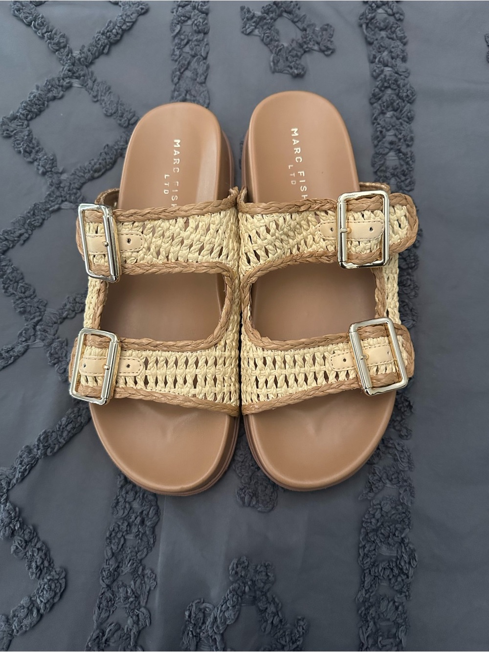 Marc Fisher Woven Tan & Natural Double-Buckle Slide Sandals